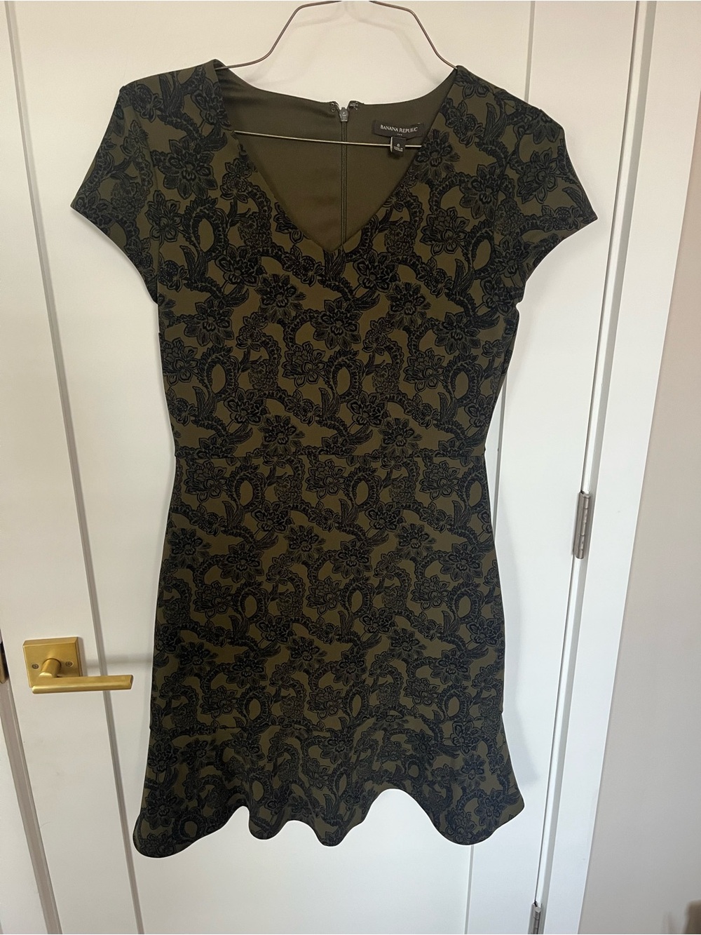 Banana Republic Olive & Black Floral V-Neck Fit-and-Flare Dress